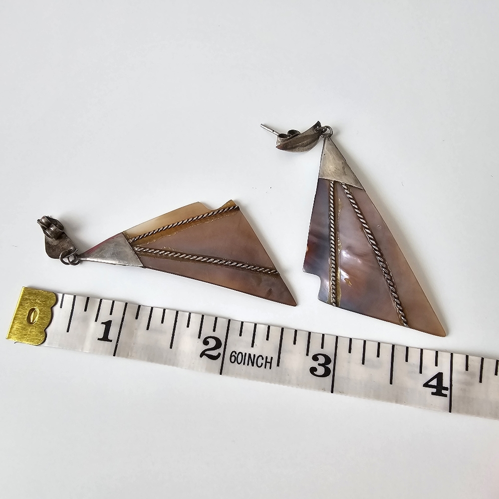Vintage Southwestern Mother of Pearl Statement Earrings - Carved Geometric MOP - Picture 10 of 10